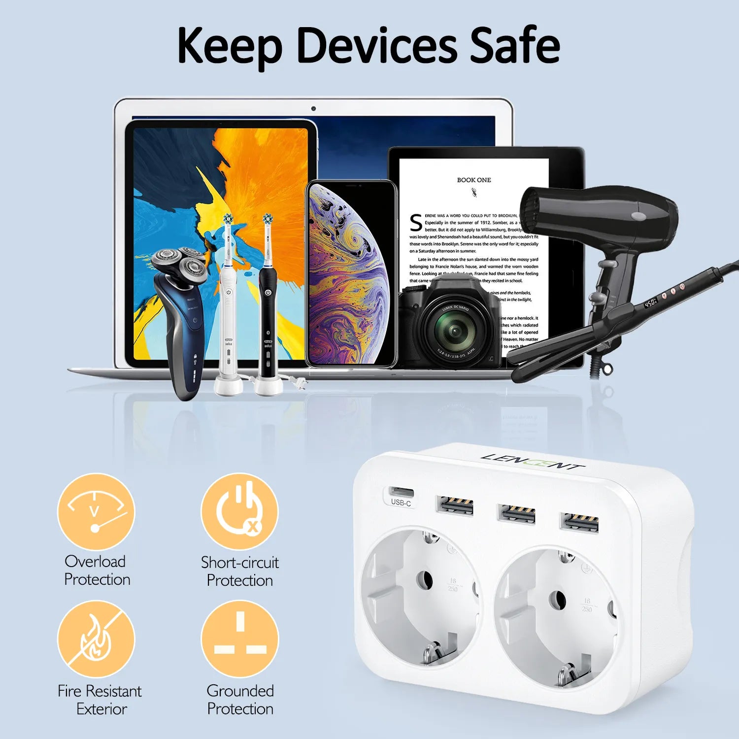 6-in-1 Wall Outlet Extender - USB and USB-C - Fast Charging