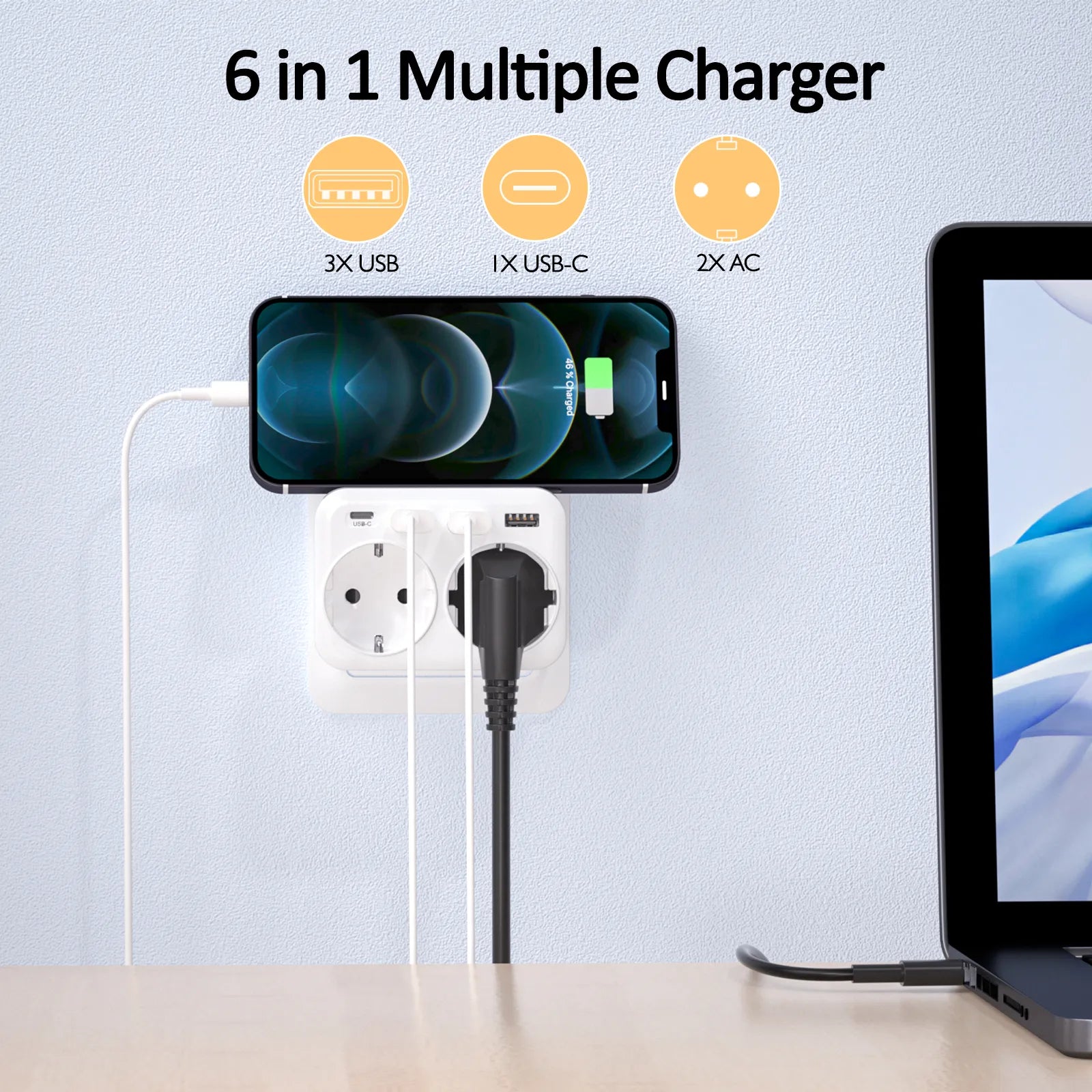 6-in-1 Wall Outlet Extender - USB and USB-C - Fast Charging